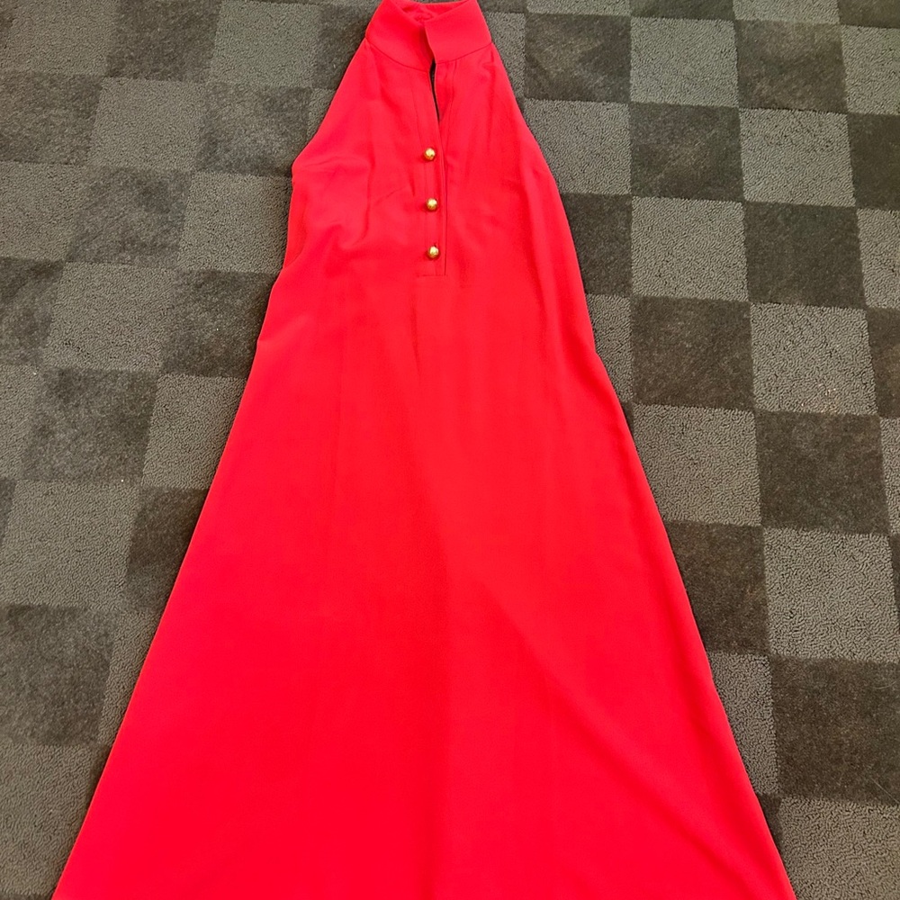 Tuckernuck Coral-Red Halter Midi Dress with Gold Buttons